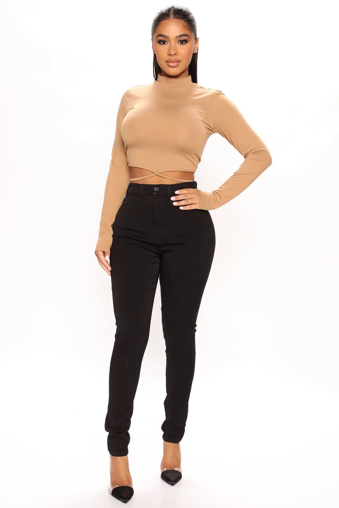 Christina Long Sleeve Crop Top - Camel