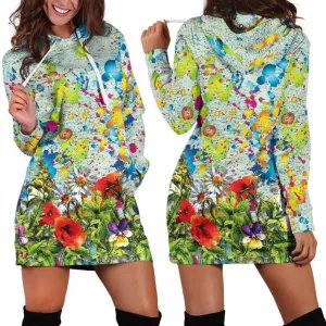 Colorful Flower Hoodie Dress | Longline Hoodie Sweatshirt M Green