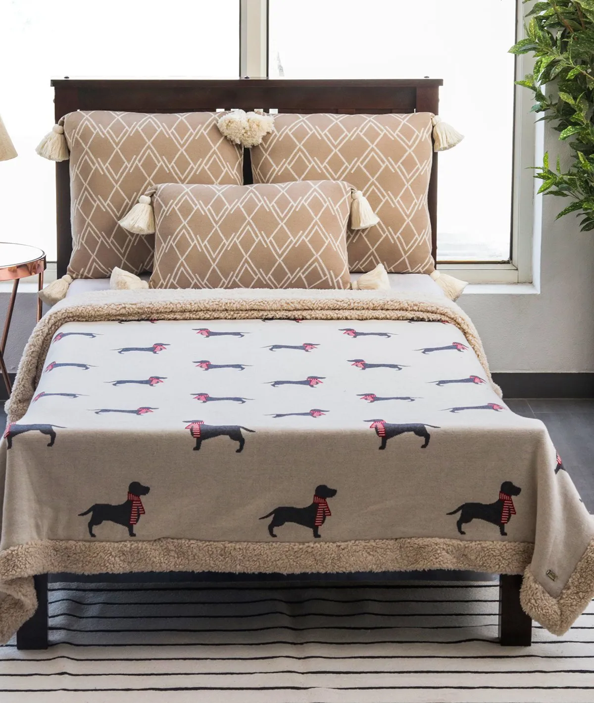 Dachshund - Pale Whisper Cotton Knitted Kids Single Bed Blanket with Warm Sherpa Fabric