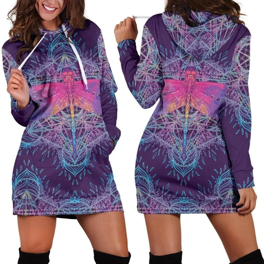 Dragonfly Mandala Hoodie Dress | Longline Hoodie Sweatshirt 3XL Purple