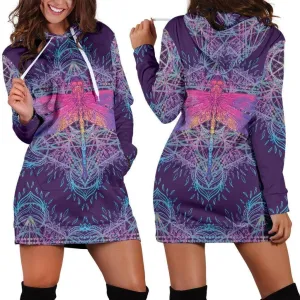 Dragonfly Mandala Hoodie Dress | Longline Hoodie Sweatshirt 3XL Purple