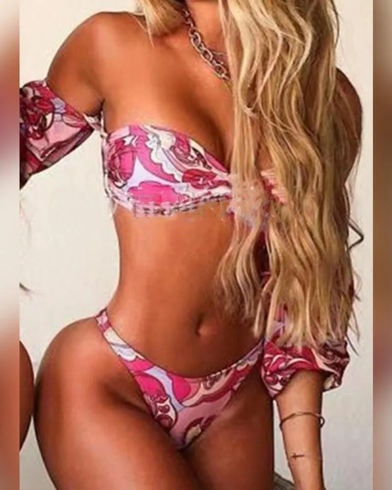 Floral Off Shoulder Bra With Panties Bikini Sets