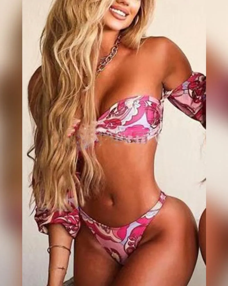 Floral Off Shoulder Bra With Panties Bikini Sets