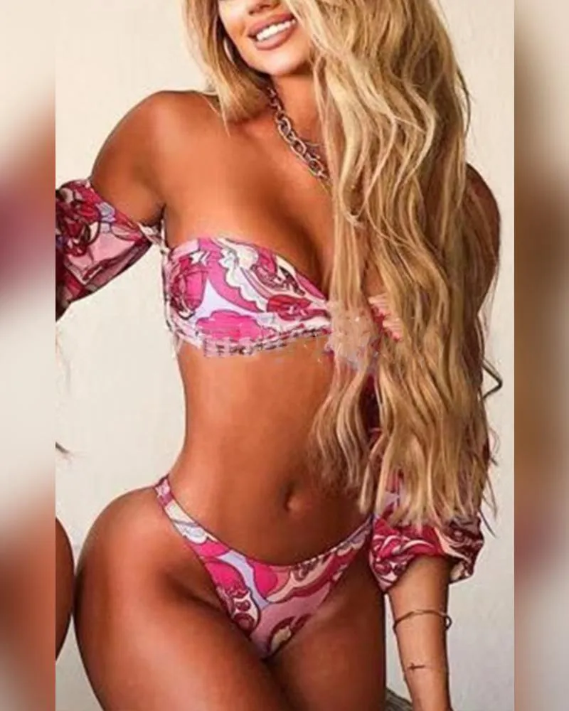 Floral Off Shoulder Bra With Panties Bikini Sets