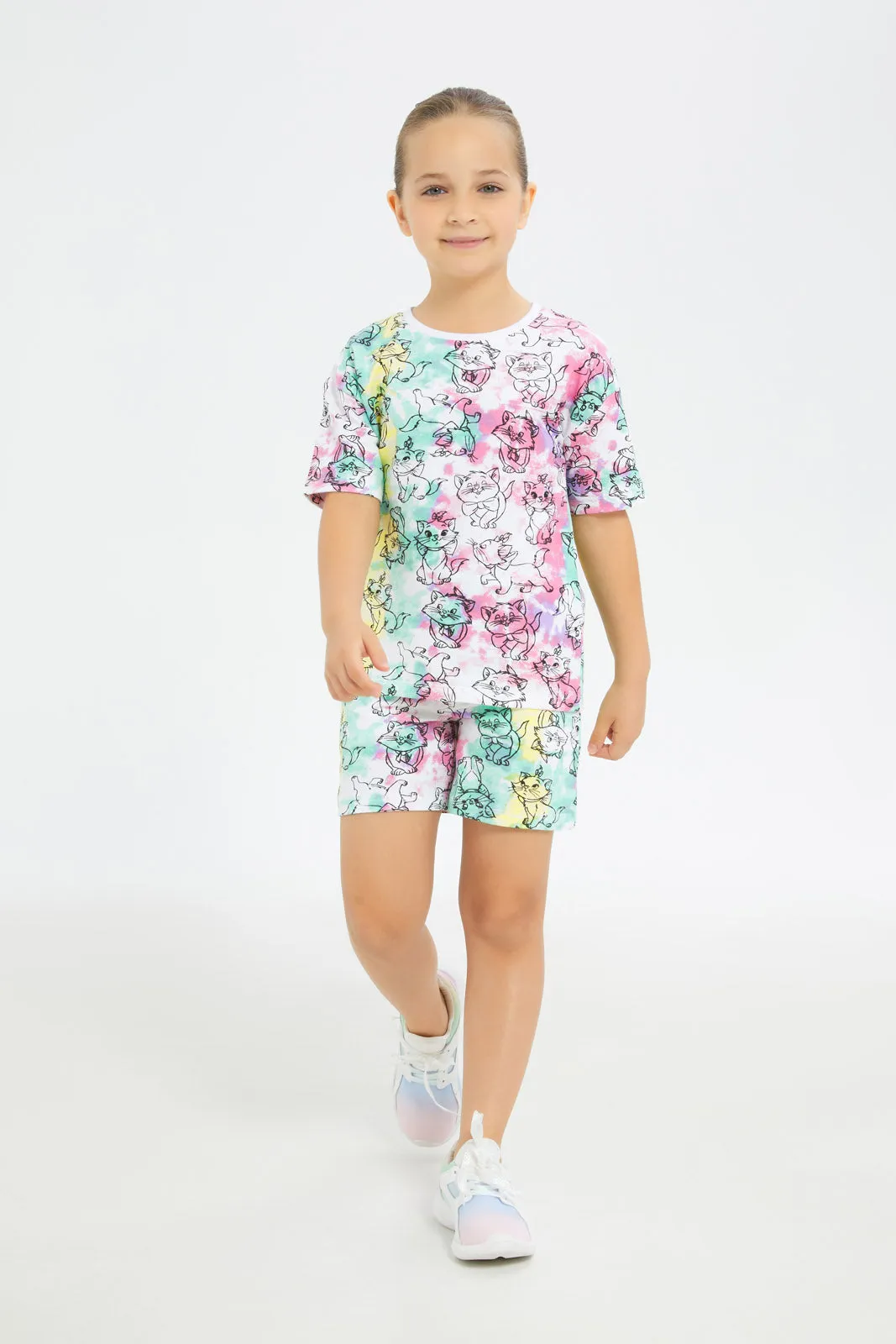 Girls White Marie Cat Print Set (2 Piece)