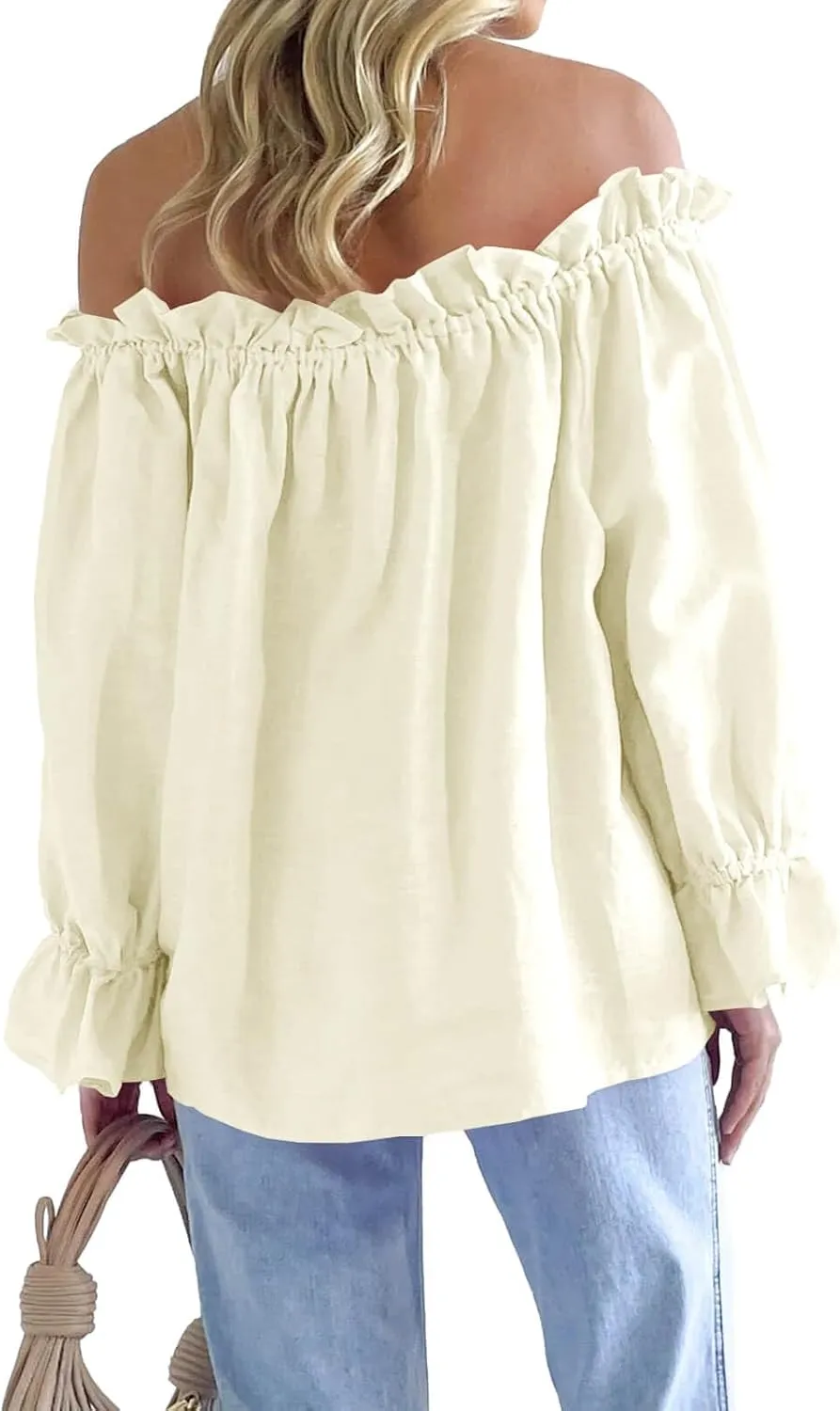 Imily Bela Womens Off The Shoulder Tops Puff Long Sleeve Tie Front Loose Fit Ruffle Shirts Blouses