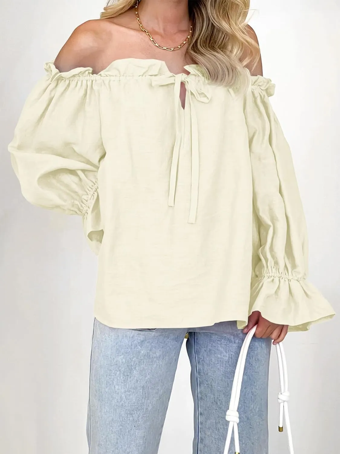 Imily Bela Womens Off The Shoulder Tops Puff Long Sleeve Tie Front Loose Fit Ruffle Shirts Blouses