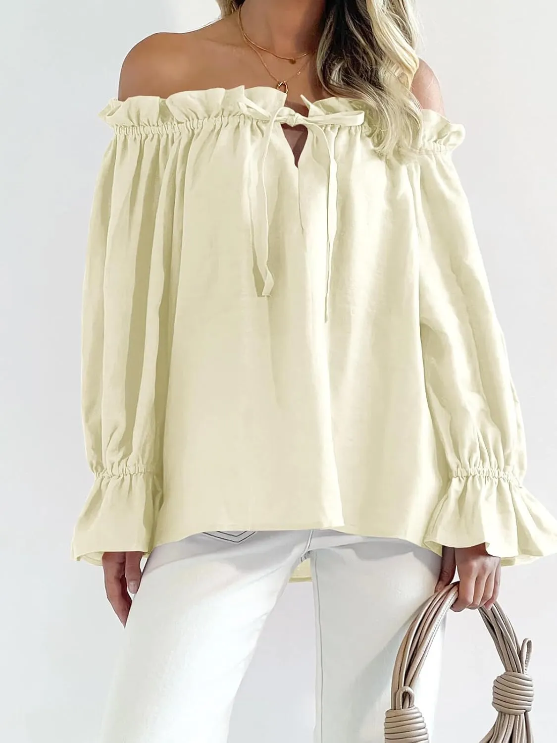 Imily Bela Womens Off The Shoulder Tops Puff Long Sleeve Tie Front Loose Fit Ruffle Shirts Blouses