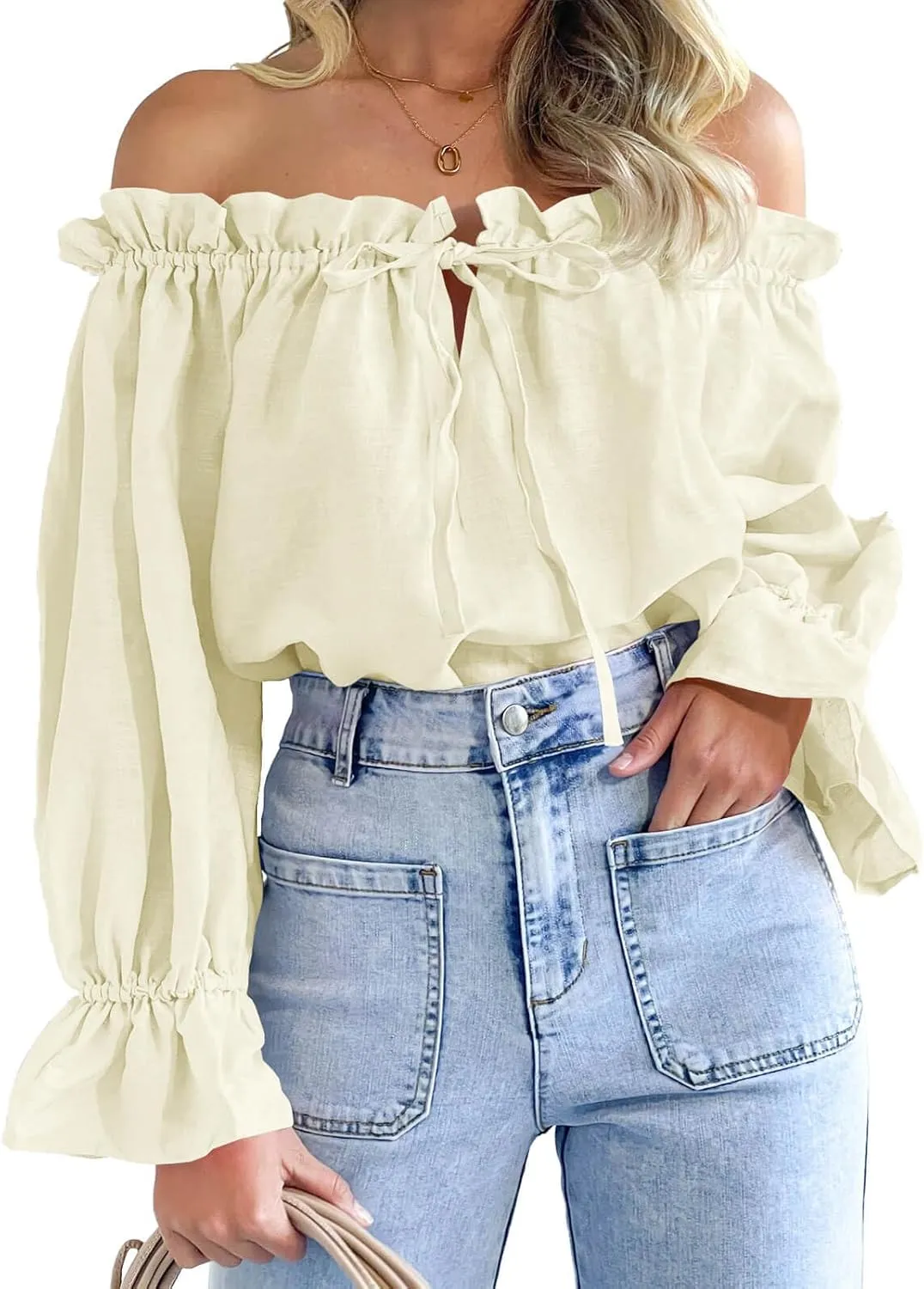 Imily Bela Womens Off The Shoulder Tops Puff Long Sleeve Tie Front Loose Fit Ruffle Shirts Blouses