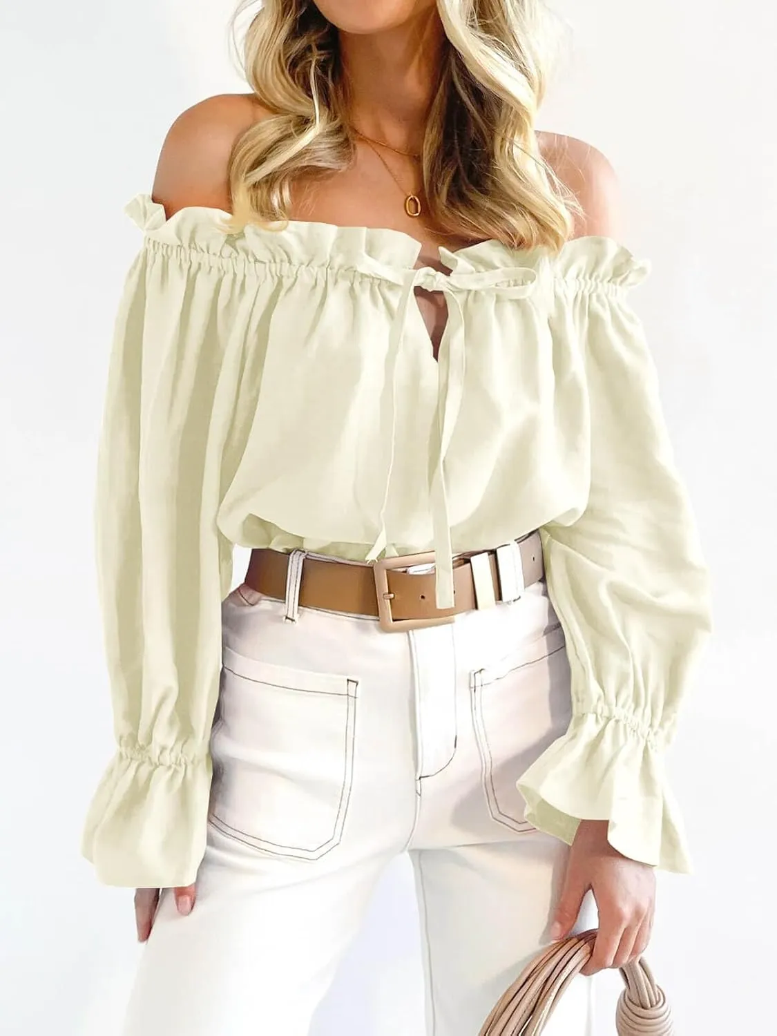 Imily Bela Womens Off The Shoulder Tops Puff Long Sleeve Tie Front Loose Fit Ruffle Shirts Blouses