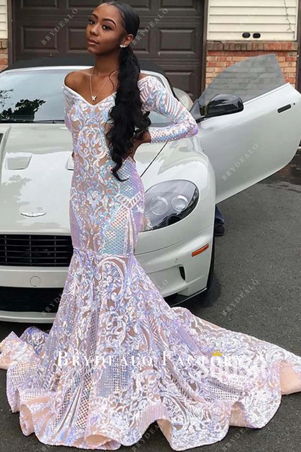 Iridescent Sequin Off Shoulder V-neck Long Sleeve Mermaid Prom Dress