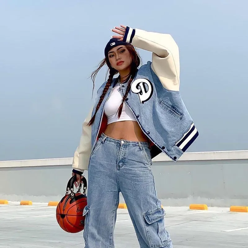 Joskaa Denim Stitching Baseball Uniform Jacket