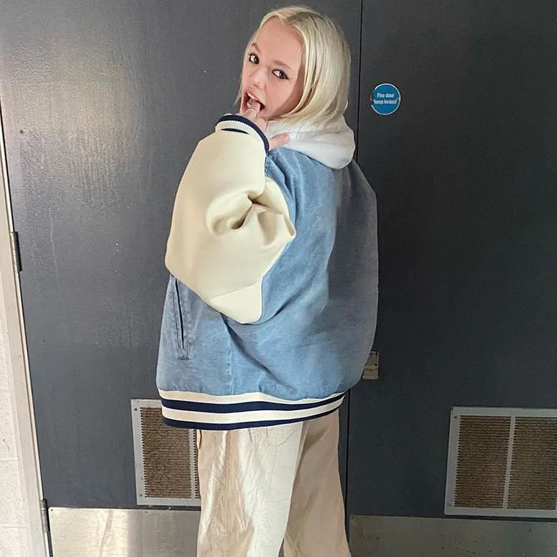 Joskaa Denim Stitching Baseball Uniform Jacket