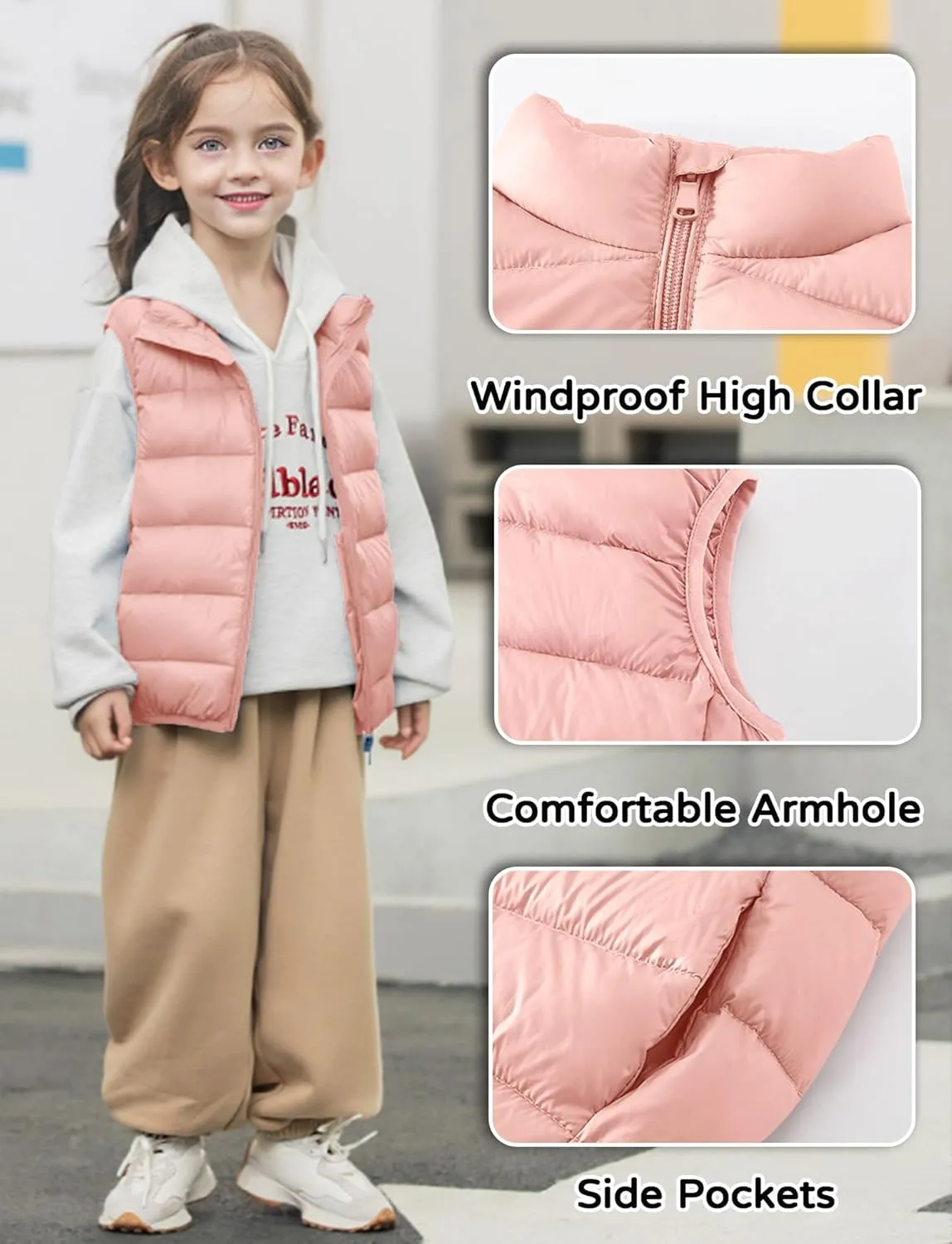 Kids Puffer Down Vest Windproof Lightweight Gilet Waistcoat Padded Jacket Stand Collar Coat