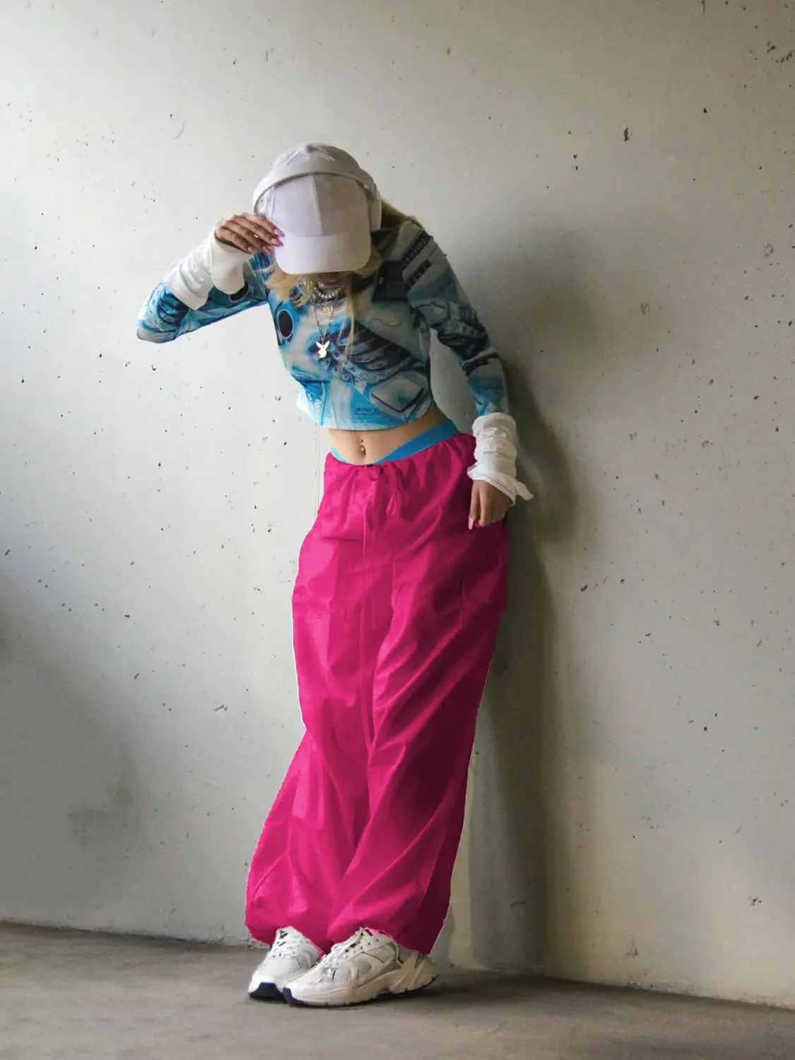 LQI Parachute Pants for Women Y2K Baggy Cargo Pants Drawstring Trousers Low Rise Loose Jogger Sweatpants