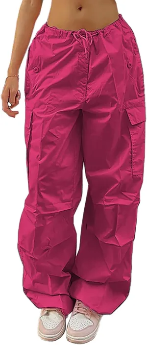 LQI Parachute Pants for Women Y2K Baggy Cargo Pants Drawstring Trousers Low Rise Loose Jogger Sweatpants