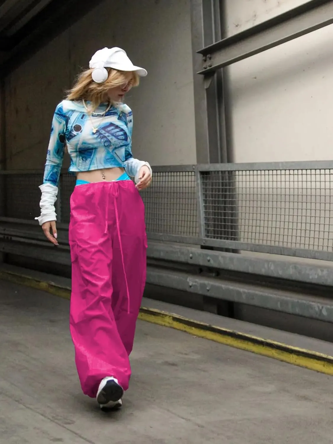 LQI Parachute Pants for Women Y2K Baggy Cargo Pants Drawstring Trousers Low Rise Loose Jogger Sweatpants