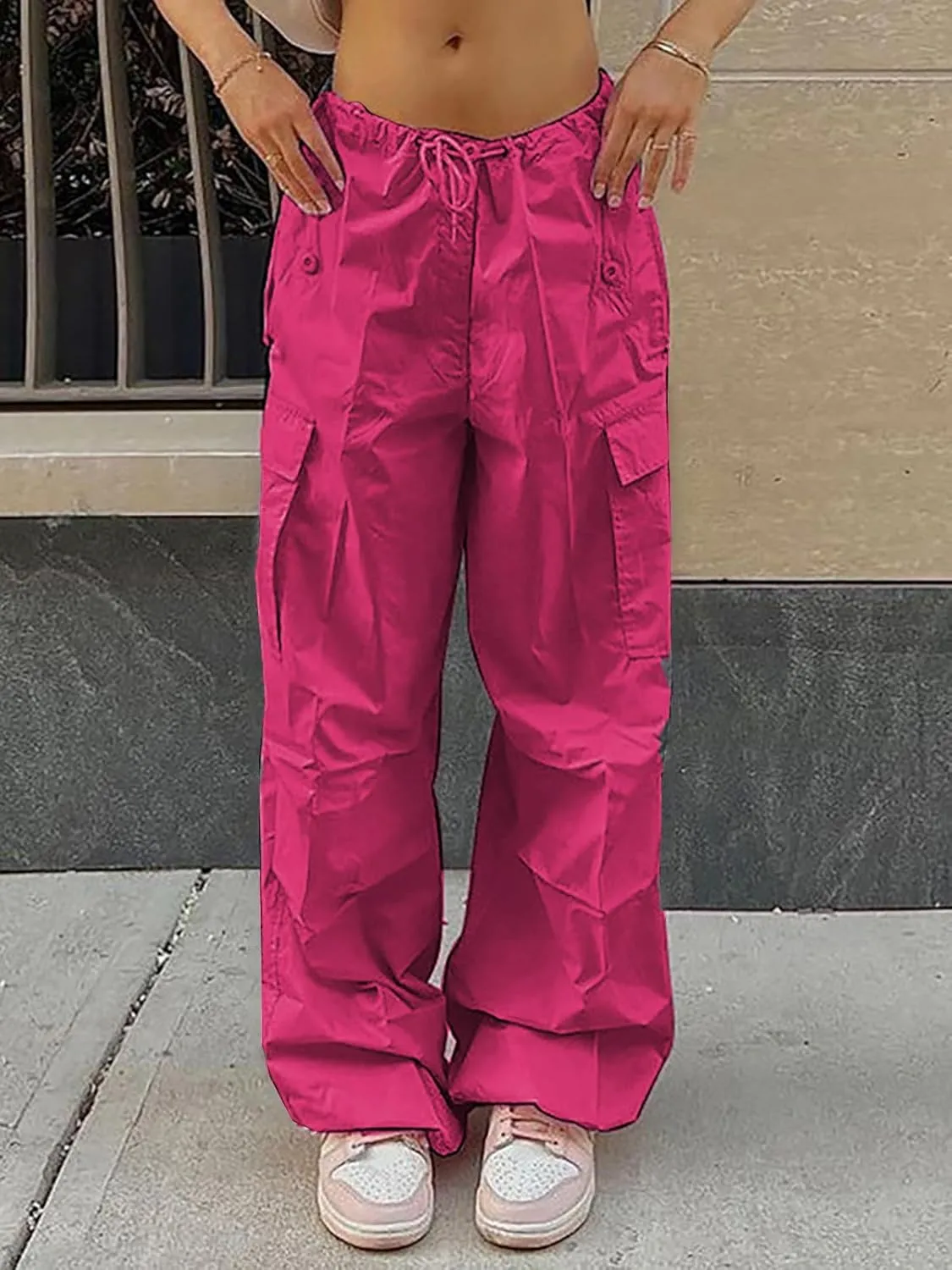 LQI Parachute Pants for Women Y2K Baggy Cargo Pants Drawstring Trousers Low Rise Loose Jogger Sweatpants