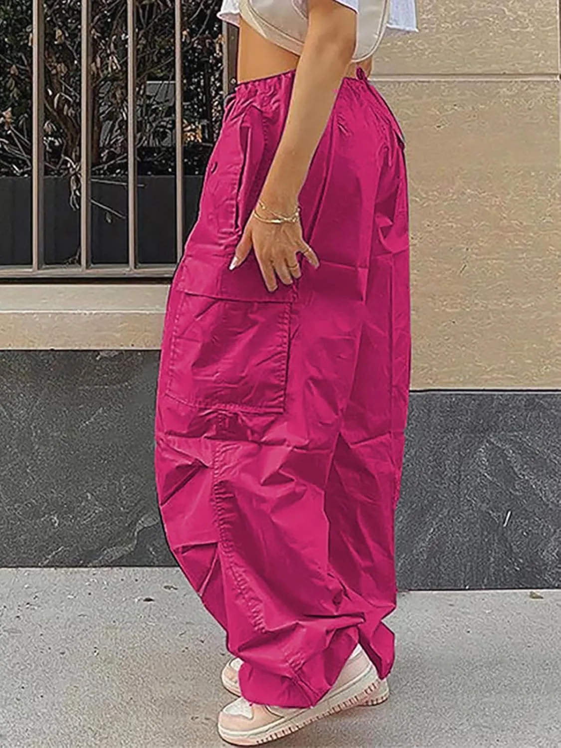 LQI Parachute Pants for Women Y2K Baggy Cargo Pants Drawstring Trousers Low Rise Loose Jogger Sweatpants
