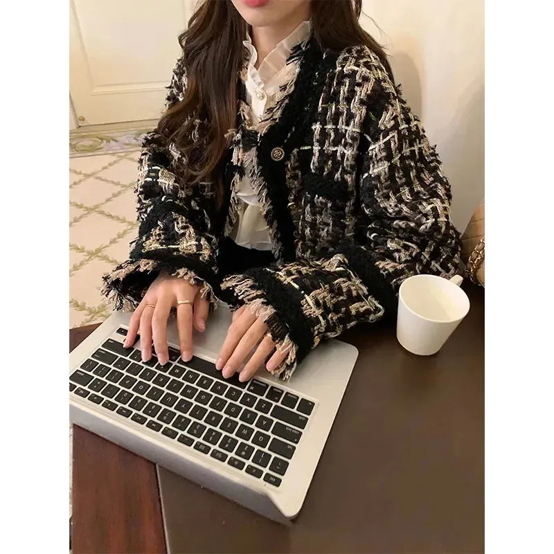 LVSANW 2024 Spring Autumn New Campus Wind Heavy Industry Black Gold Braided Fringe Advanced Sense of Small Fragrant Wind Female Coat