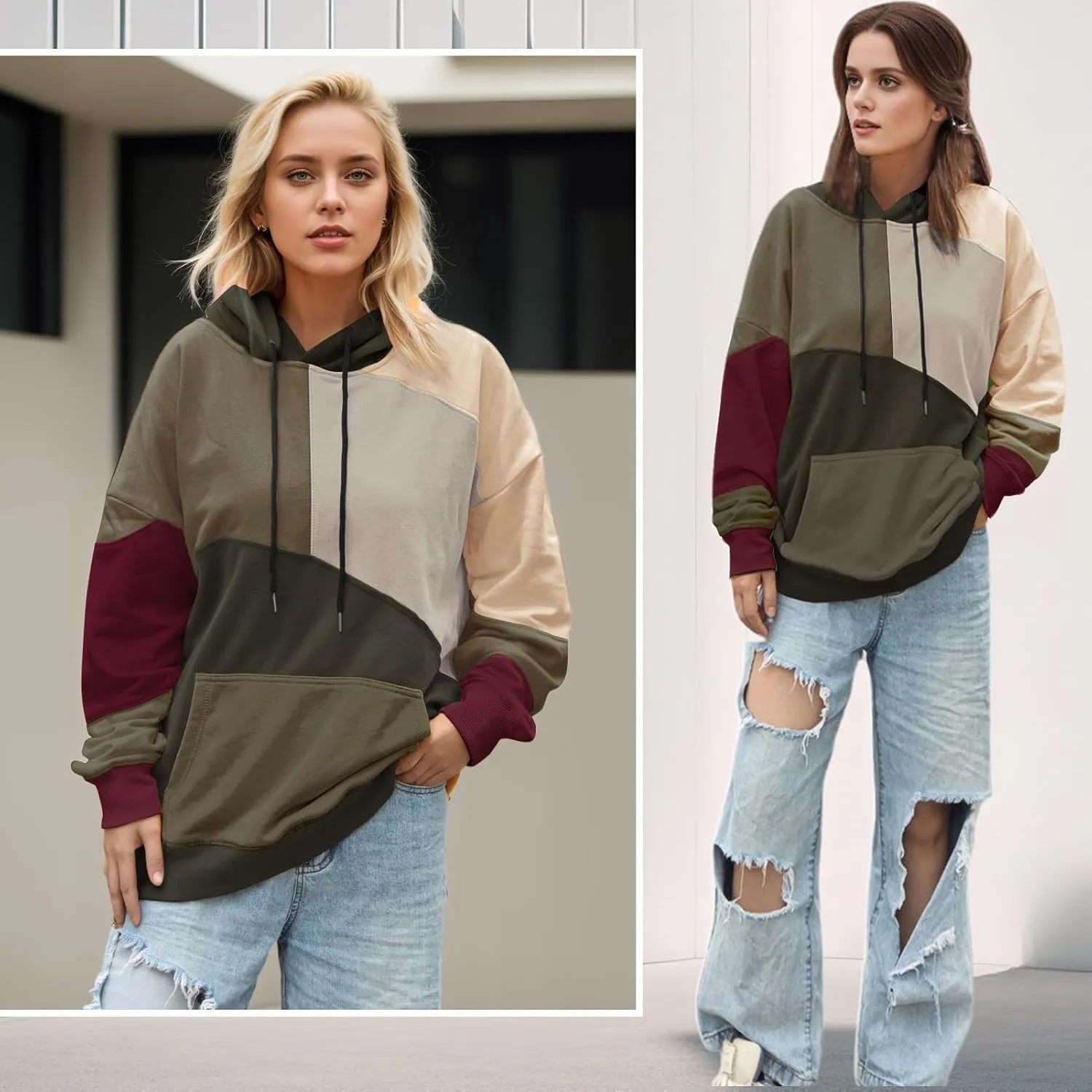 Men's Fashion Hoodies Techwear Color Block Long Sleeve Sweatshirts Unisex Lightweight Colourful Hoodie Pullover