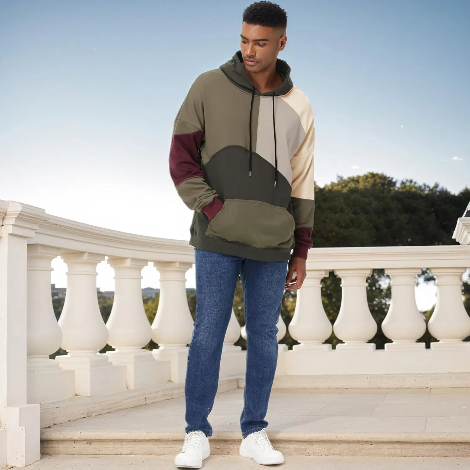 Men's Fashion Hoodies Techwear Color Block Long Sleeve Sweatshirts Unisex Lightweight Colourful Hoodie Pullover