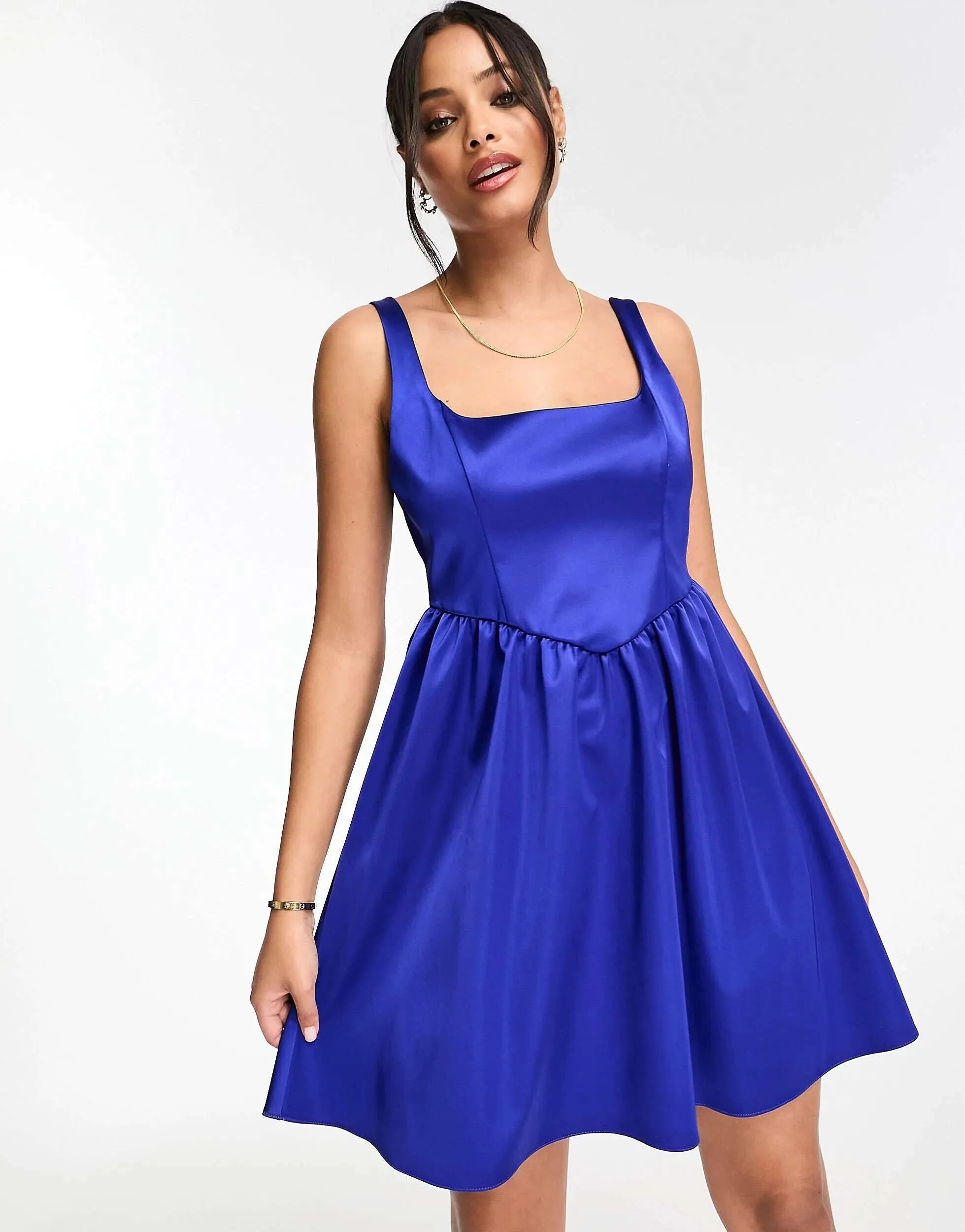 Miss Selfridge blue satin corset prom dress