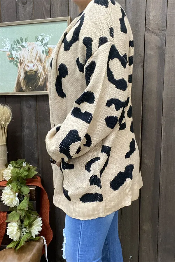 MY15287 Mom and me Black leopard printed beige color long sleeve/tighten cuff knitted fabric women sweater/cardigan