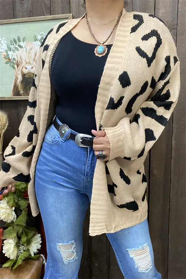 MY15287 Mom and me Black leopard printed beige color long sleeve/tighten cuff knitted fabric women sweater/cardigan