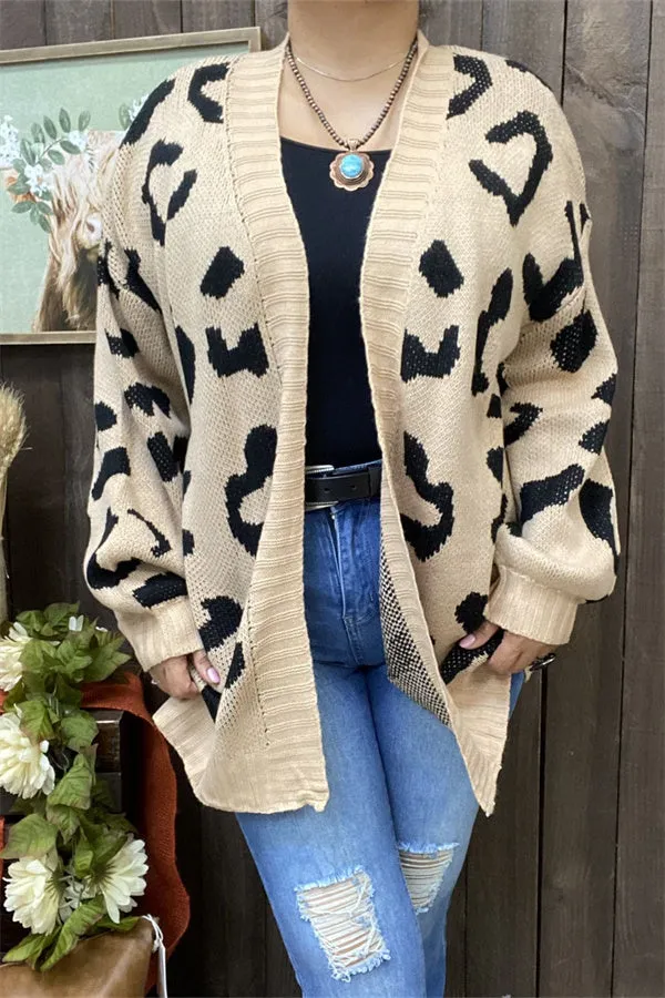 MY15287 Mom and me Black leopard printed beige color long sleeve/tighten cuff knitted fabric women sweater/cardigan