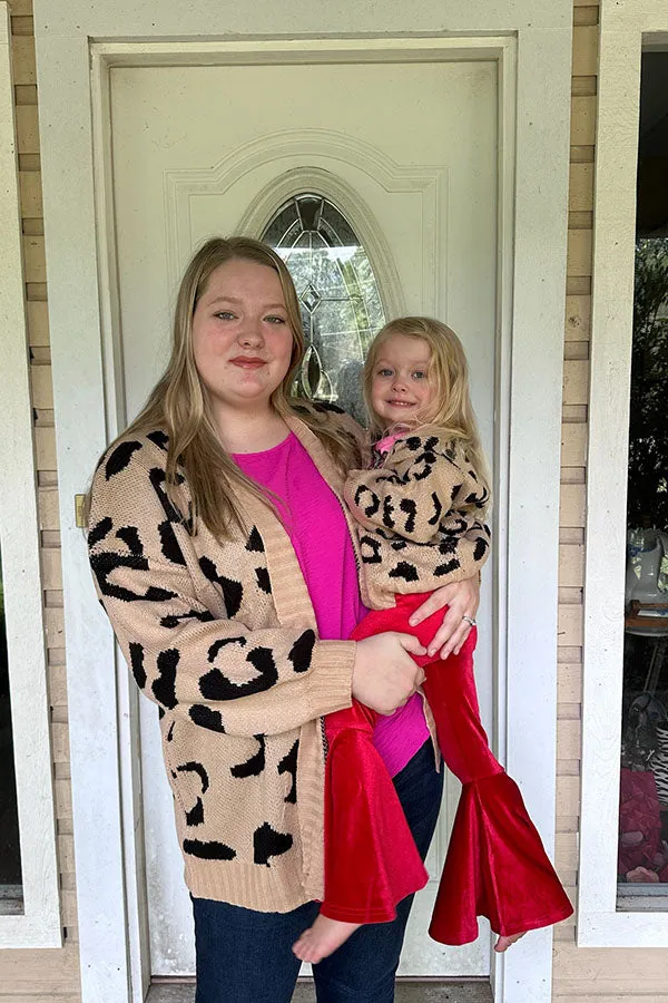 MY15287 Mom and me Black leopard printed beige color long sleeve/tighten cuff knitted fabric women sweater/cardigan