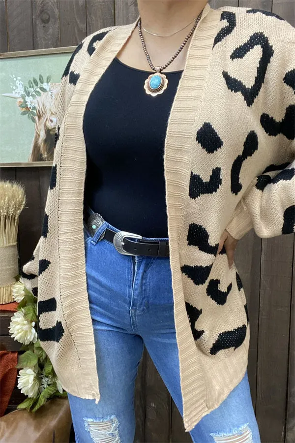 MY15287 Mom and me Black leopard printed beige color long sleeve/tighten cuff knitted fabric women sweater/cardigan