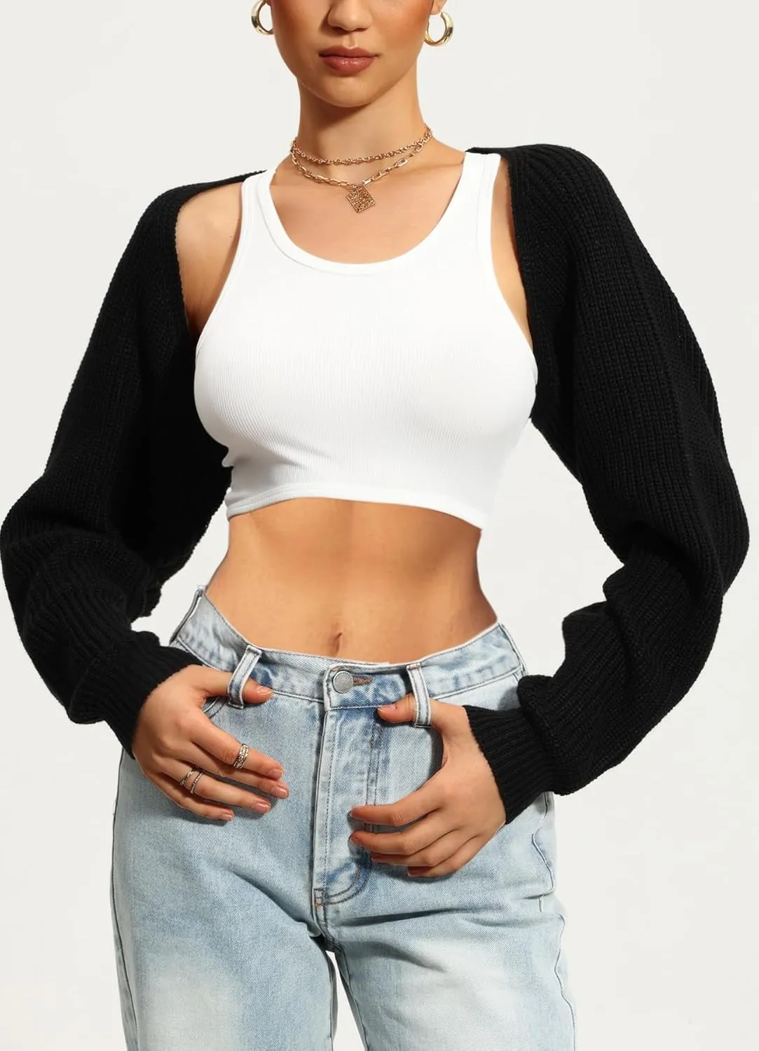 Navneet Women Knit Bolero Shoulder Shrug Sweater Long Sleeve Open Cropped Cardigan