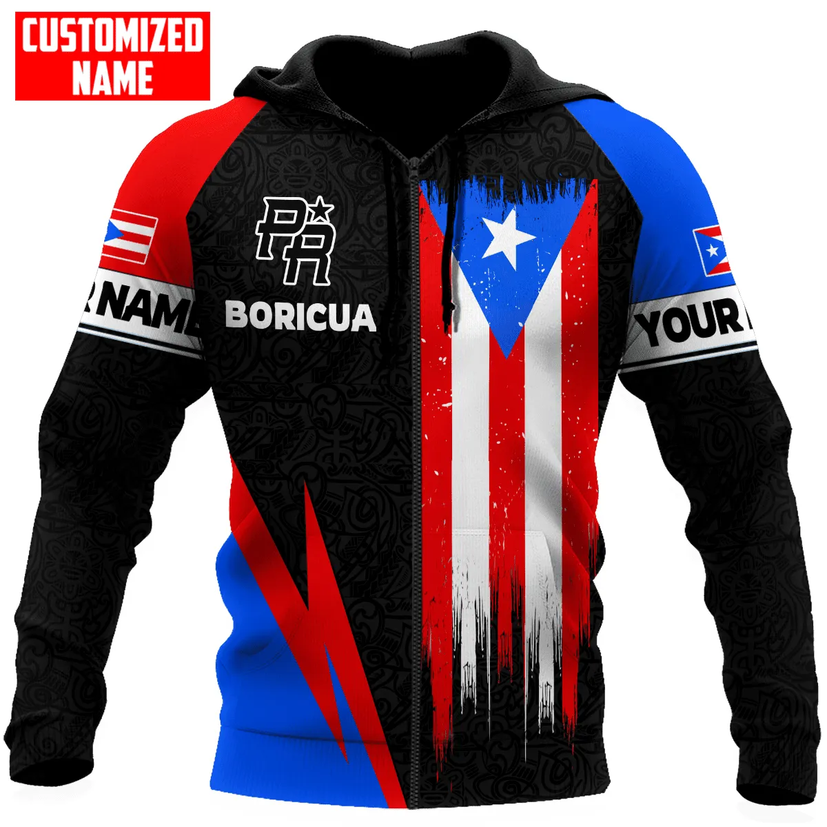 Personalized Puerto Rico Flag Distressed Boricua Unisex Sweatshirt Zip Hoodie