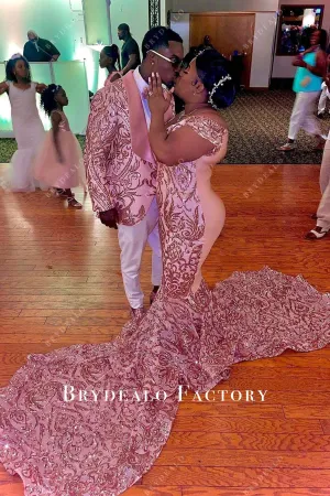 Pink Sequin Off Shoulder Mermaid Long Train Plus Size Prom Dress