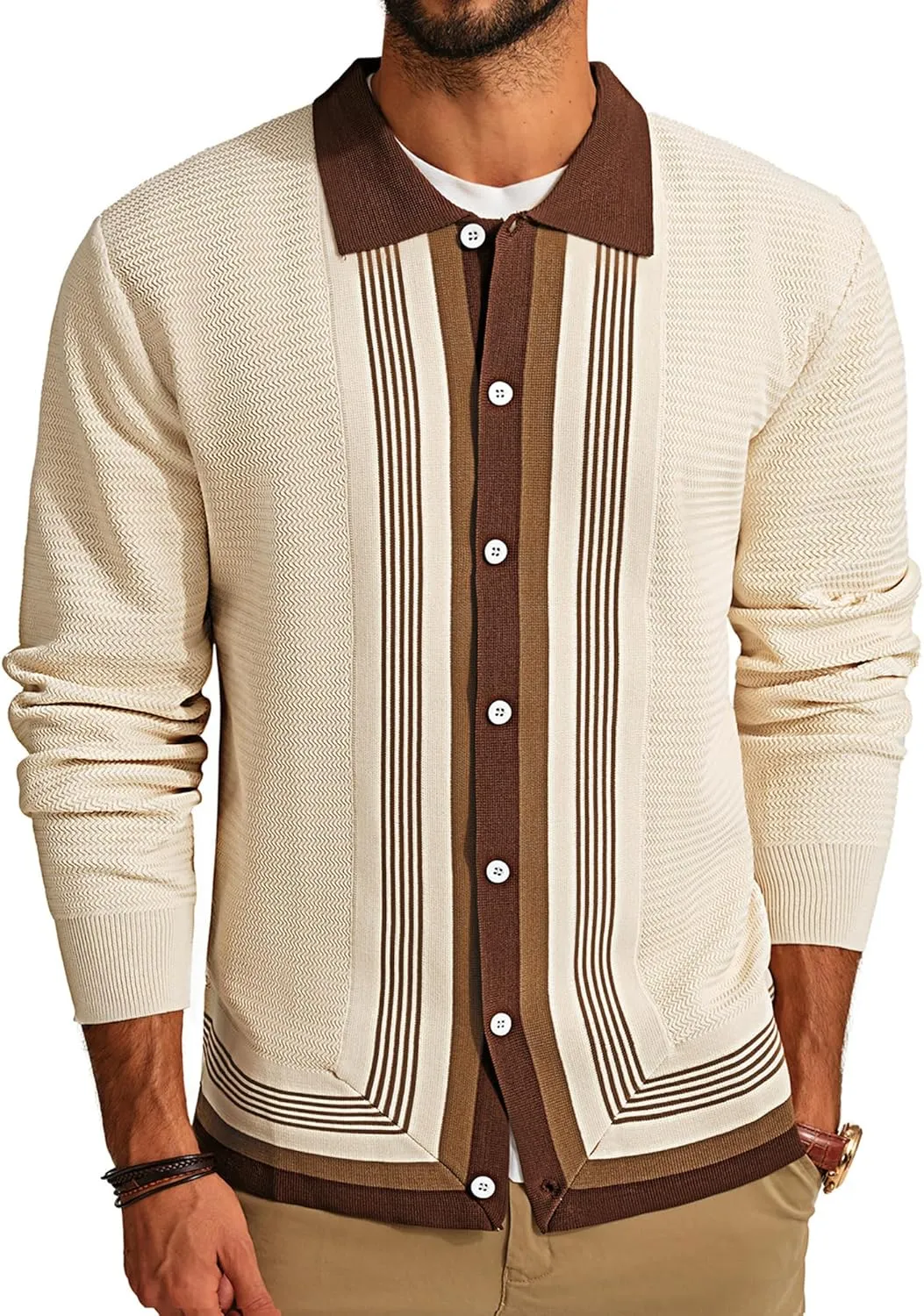 PJ PAUL JONES Mens Button Down Polo Shirts Striped Knitted Cardigan Sweaters