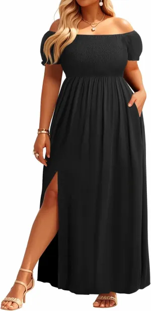 Plus Size Summer Dresses - Boho Casual Off Shoulder Floral Long Maxi Dress with Pockets