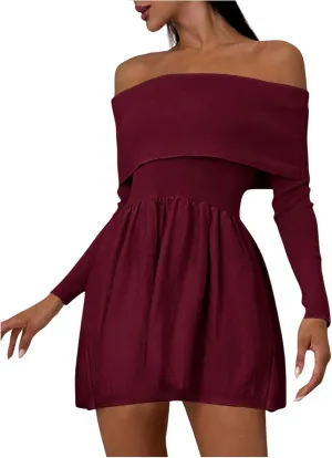 SOLY HUX Women's Off The Shoulder Sweater Dress Long Sleeve A Line Ruffle Hem Knit Mini Dresses