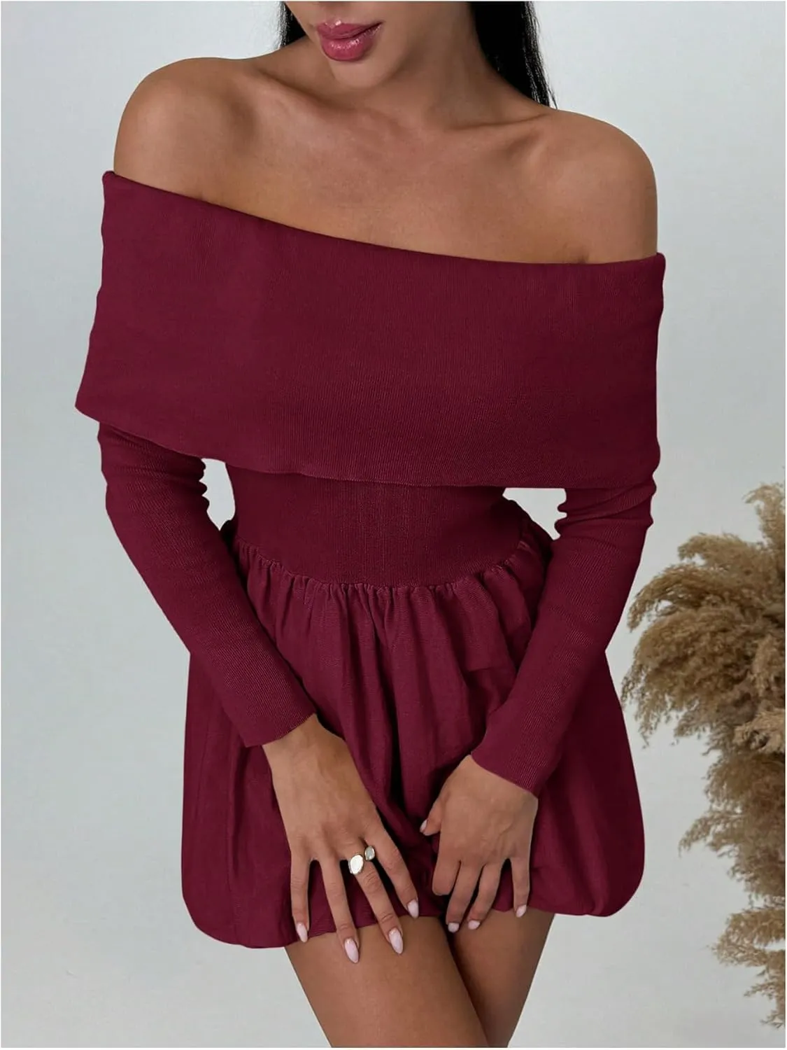 SOLY HUX Women's Off The Shoulder Sweater Dress Long Sleeve A Line Ruffle Hem Knit Mini Dresses