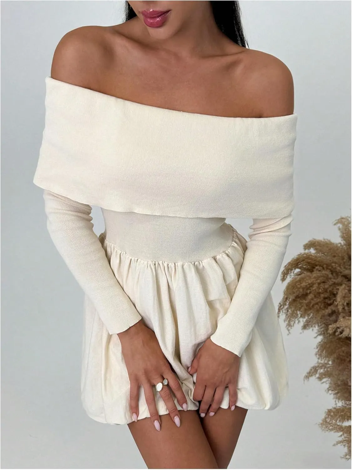 SOLY HUX Women's Off The Shoulder Sweater Dress Long Sleeve A Line Ruffle Hem Knit Mini Dresses