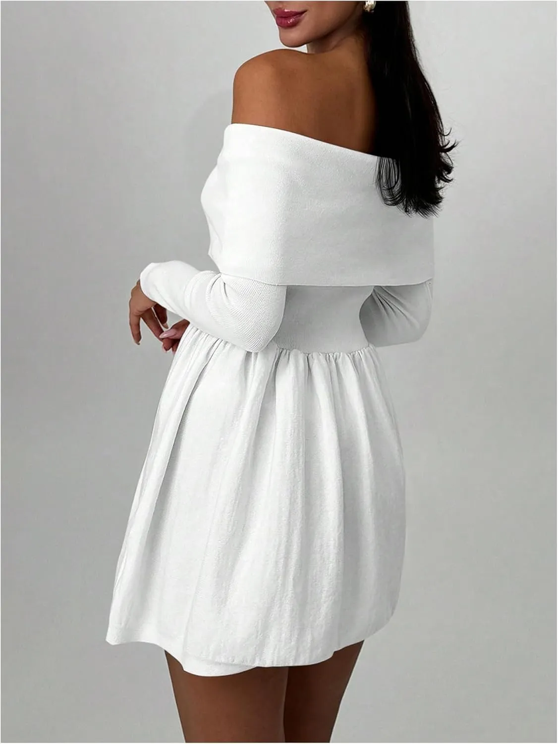SOLY HUX Women's Off The Shoulder Sweater Dress Long Sleeve A Line Ruffle Hem Knit Mini Dresses