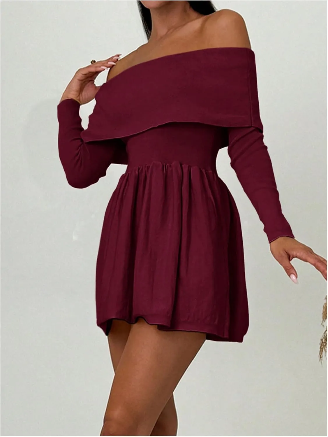 SOLY HUX Women's Off The Shoulder Sweater Dress Long Sleeve A Line Ruffle Hem Knit Mini Dresses
