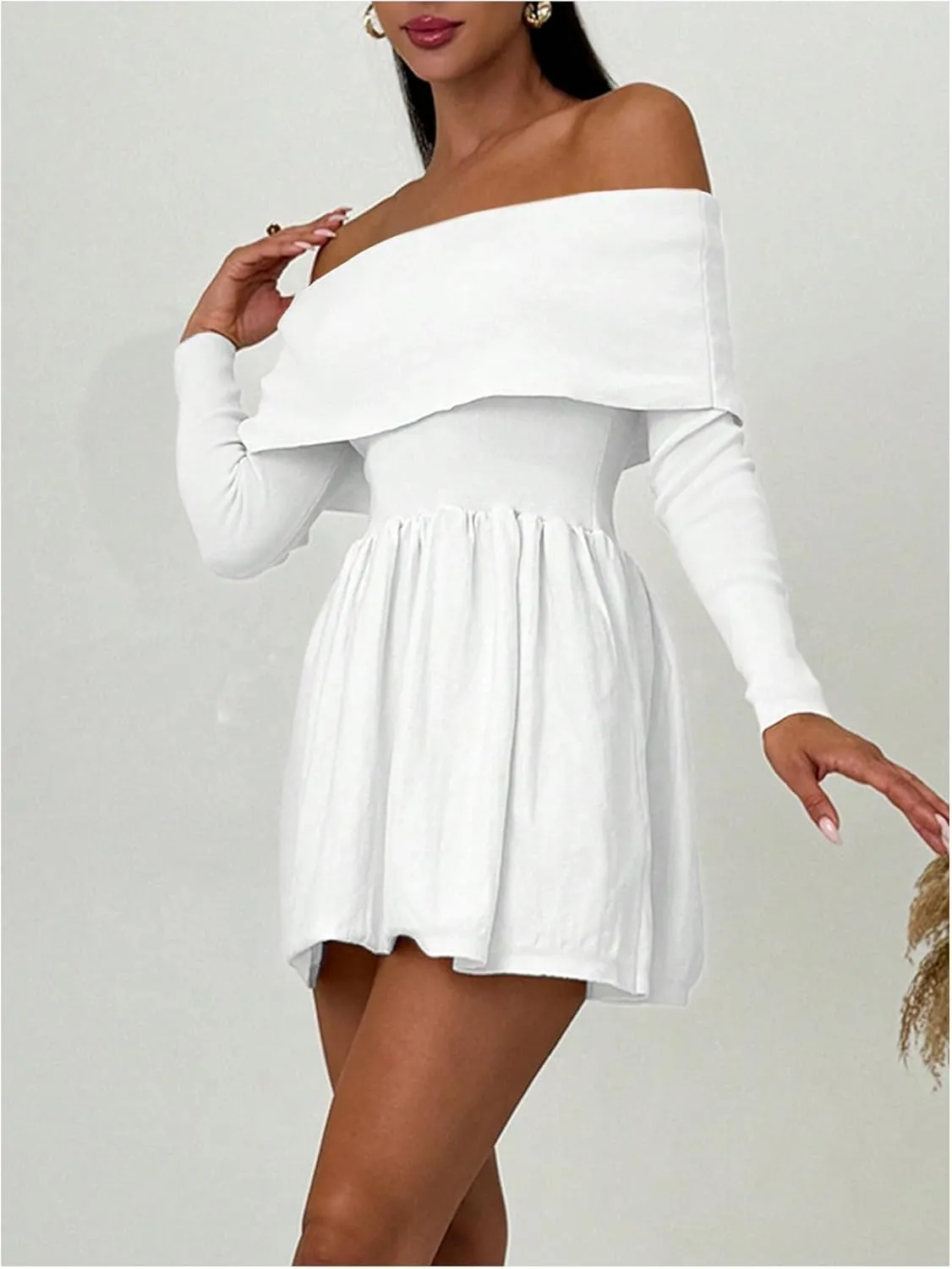 SOLY HUX Women's Off The Shoulder Sweater Dress Long Sleeve A Line Ruffle Hem Knit Mini Dresses