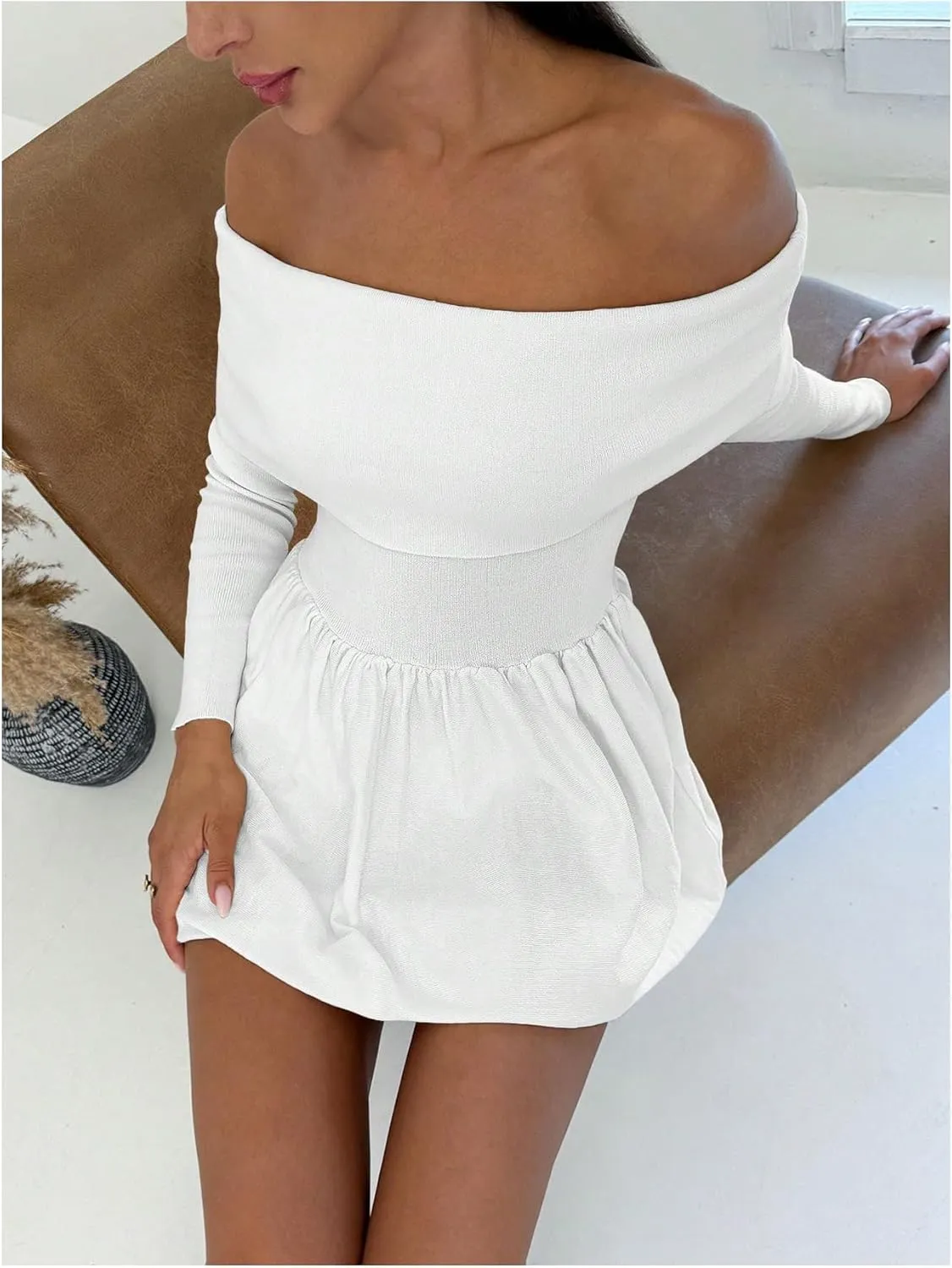 SOLY HUX Women's Off The Shoulder Sweater Dress Long Sleeve A Line Ruffle Hem Knit Mini Dresses