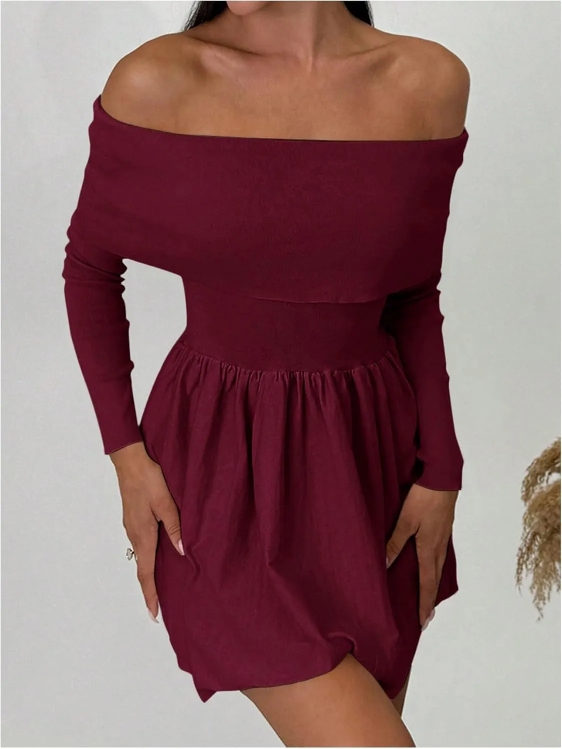 SOLY HUX Women's Off The Shoulder Sweater Dress Long Sleeve A Line Ruffle Hem Knit Mini Dresses