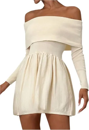 SOLY HUX Women's Off The Shoulder Sweater Dress Long Sleeve A Line Ruffle Hem Knit Mini Dresses