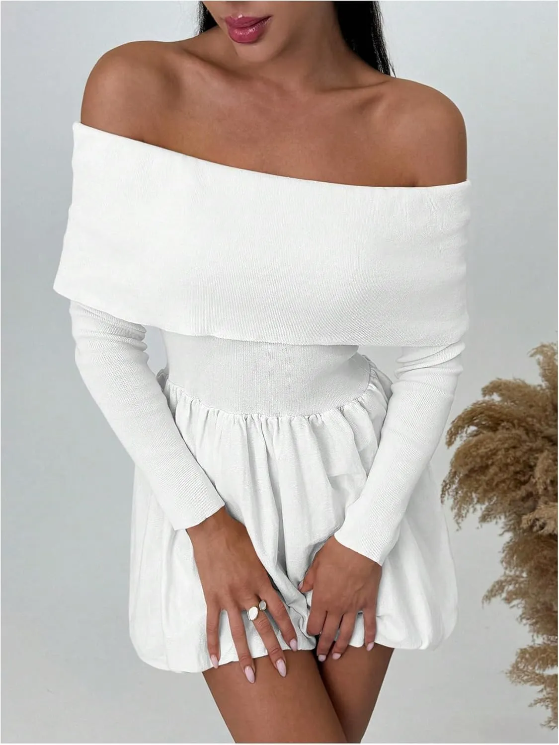 SOLY HUX Women's Off The Shoulder Sweater Dress Long Sleeve A Line Ruffle Hem Knit Mini Dresses