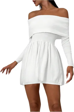 SOLY HUX Women's Off The Shoulder Sweater Dress Long Sleeve A Line Ruffle Hem Knit Mini Dresses