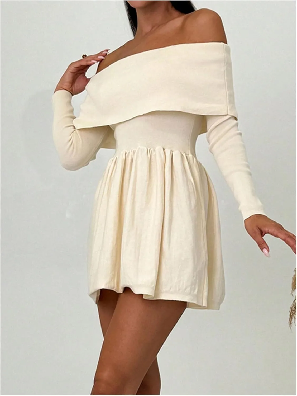 SOLY HUX Women's Off The Shoulder Sweater Dress Long Sleeve A Line Ruffle Hem Knit Mini Dresses