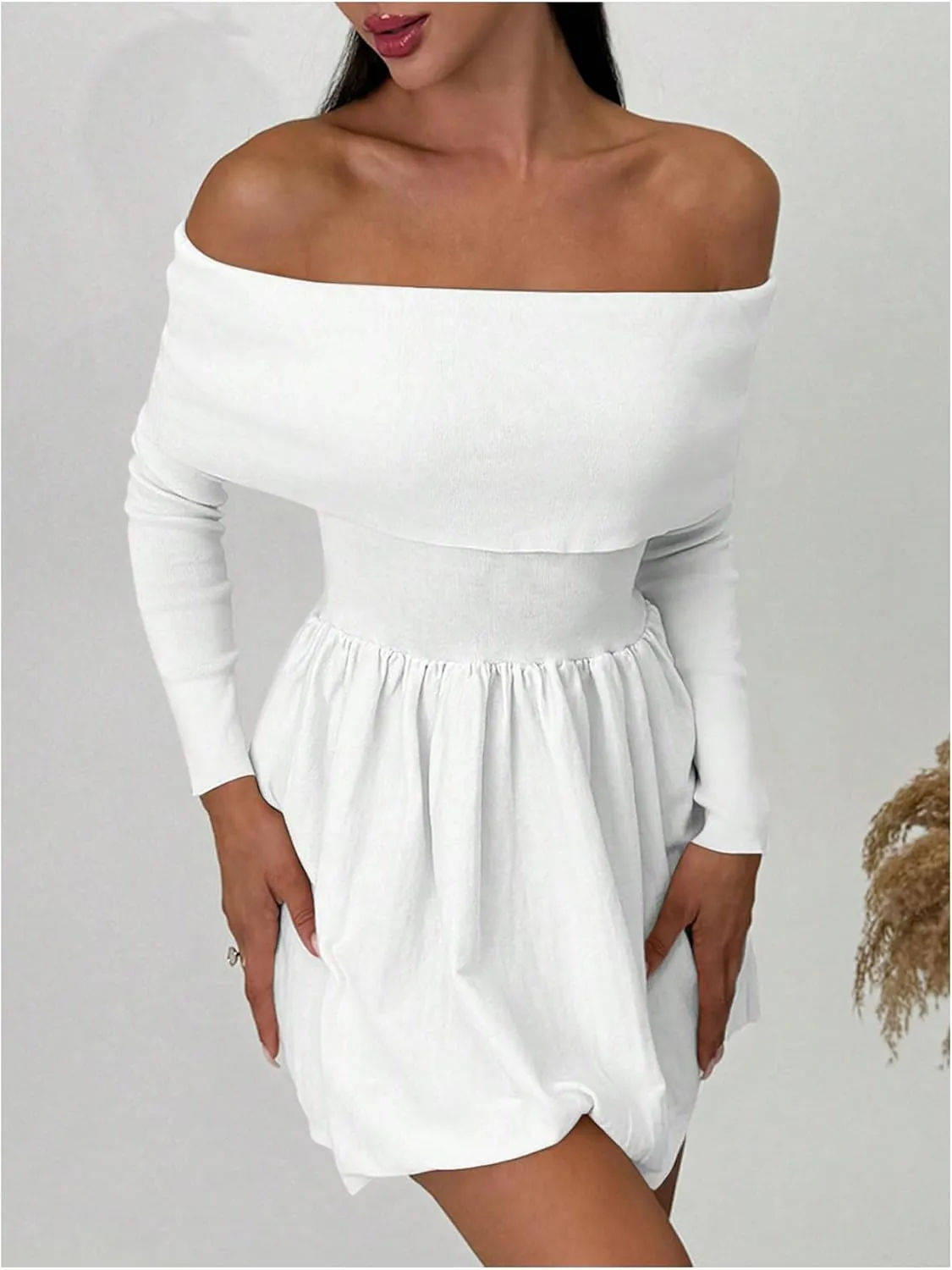 SOLY HUX Women's Off The Shoulder Sweater Dress Long Sleeve A Line Ruffle Hem Knit Mini Dresses